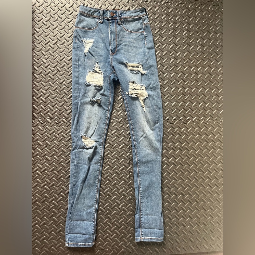 Fashion Nova High Rise Distressed Blue Jeans